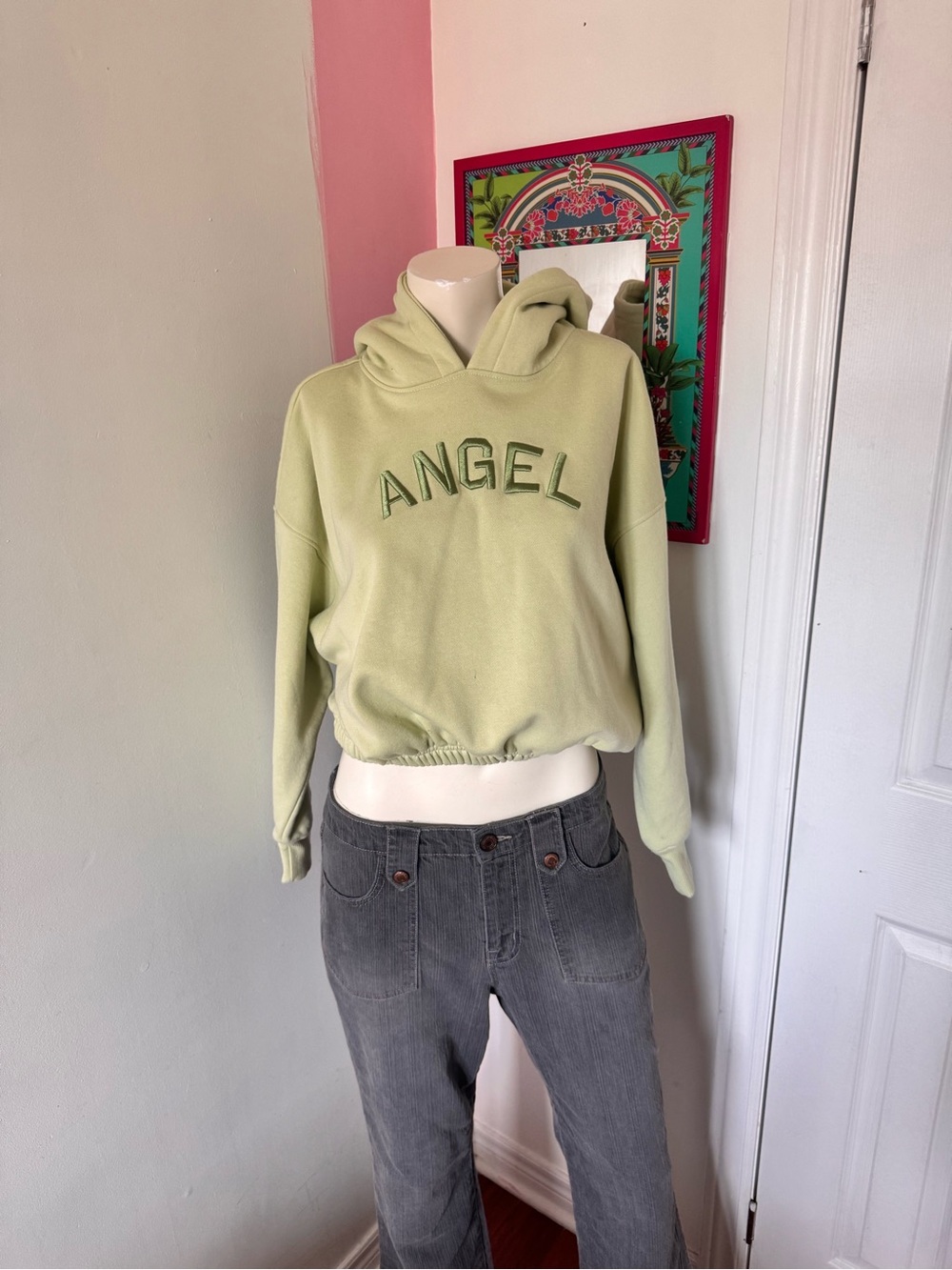 Forever 21 Light Green 'Angel' Cropped Hoodie